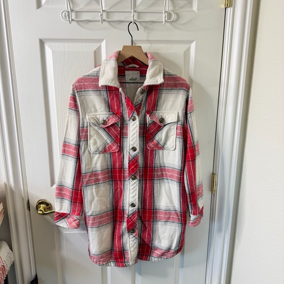 Aerie Oversized Plaid Cotton Flannel Long Shacket Chilly Red/Ivory Womens Size L - Picture 3 of 6
